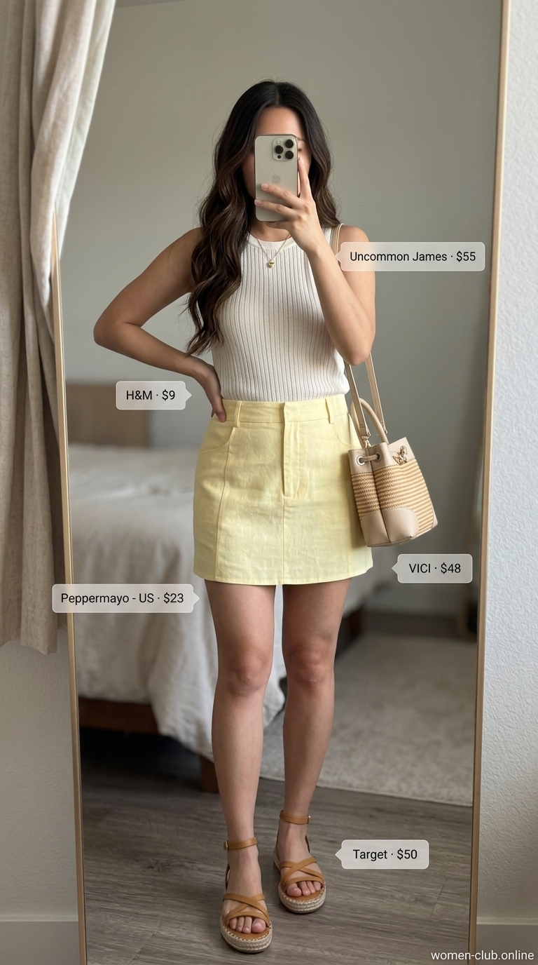 Yellow Skirt Outfits for Women 2026 | Summer Brunch Style Lemon yellow mini skirt with white tank & espadrilles for summer skirt outfits for women 2026.
