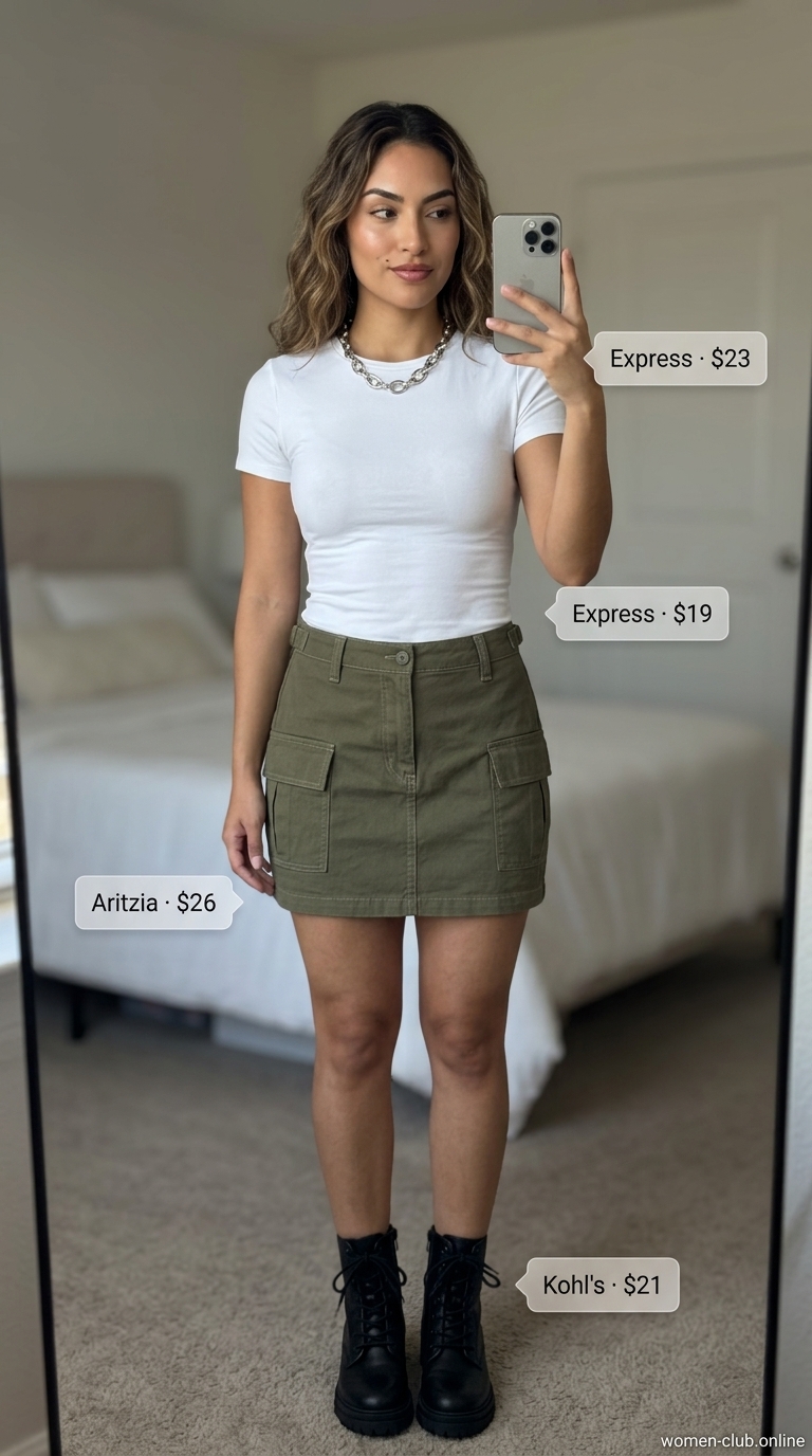 Utility Skirt Outfits for Women 2026 | City Sightseeing Style Olive green utility mini skirt with white tee & combat boots for summer skirt outfits for women 2026.