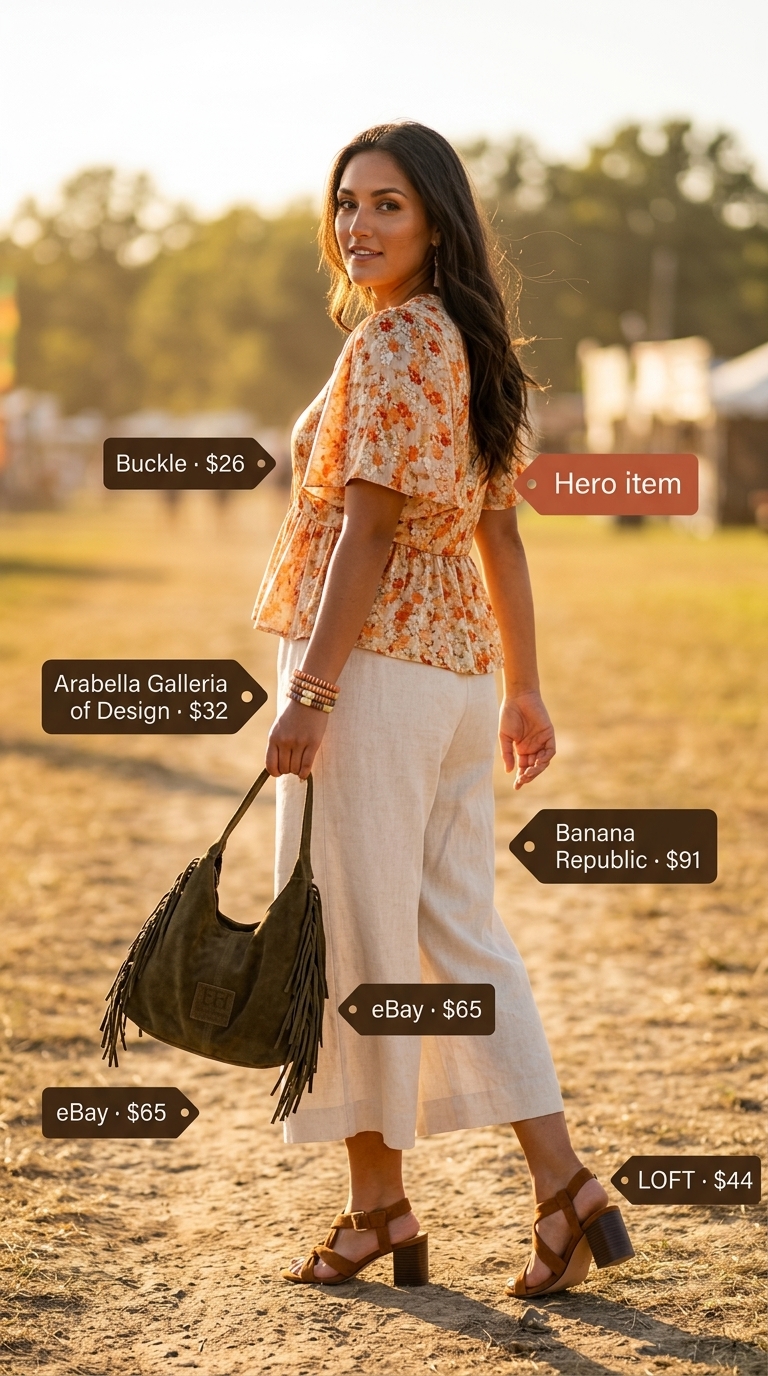 Bohemian festival outfit 2026: Rust floral smocked top, linen culottes, block heel sandals.