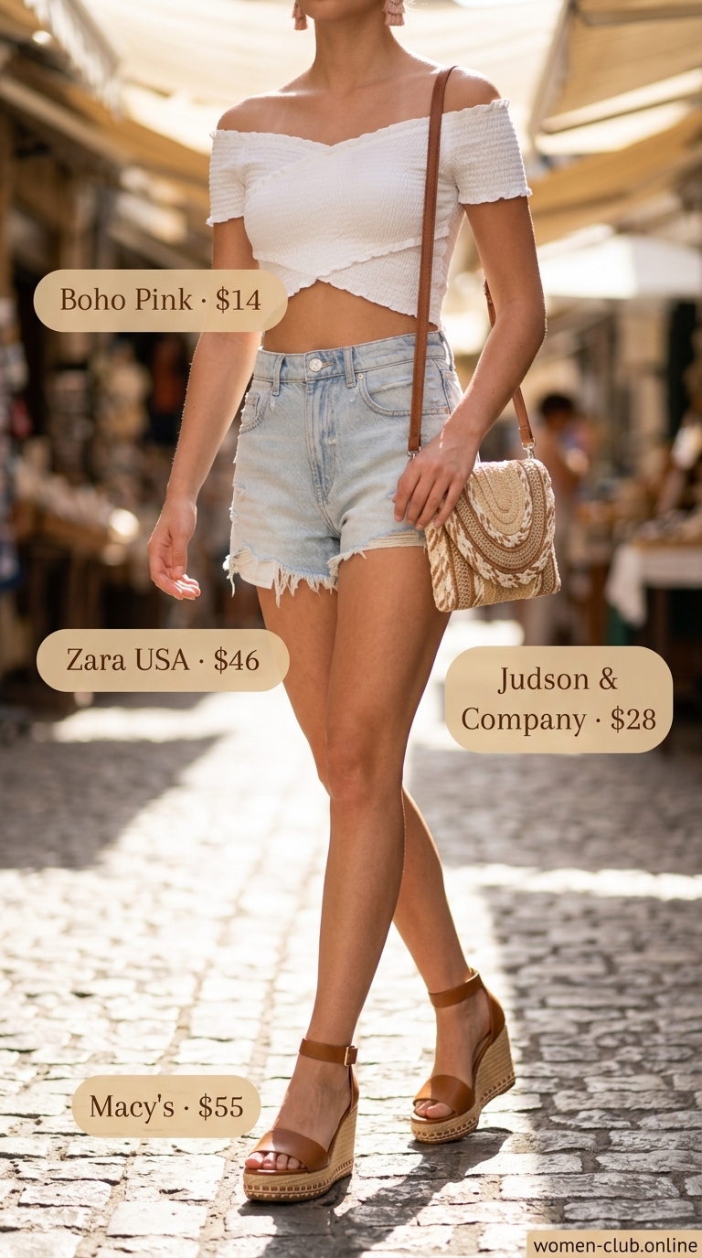 Festival outfit 2026: White off-shoulder smocked top, distressed denim shorts, espadrille wedges.