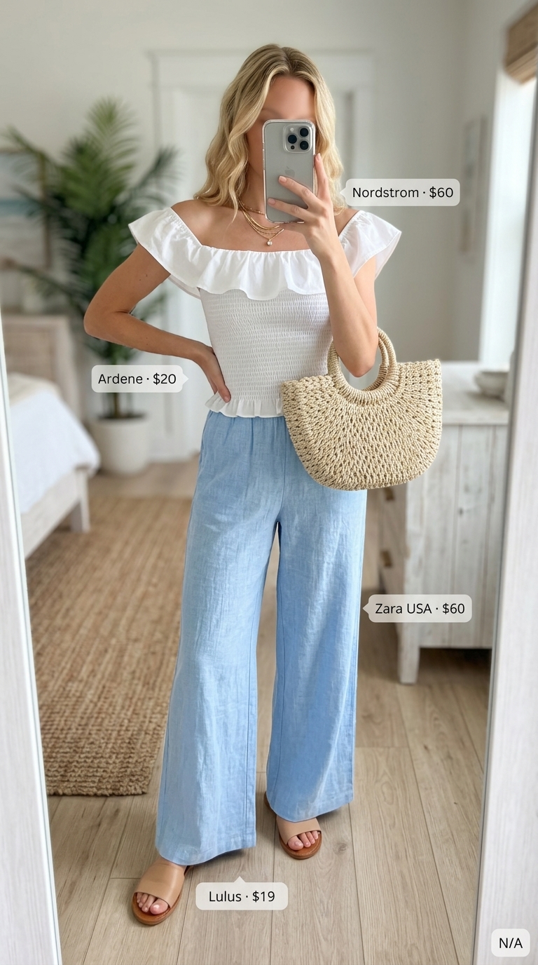 Coastal stroll outfit 2026: White off-shoulder smocked top, sky blue linen pants, straw tote.