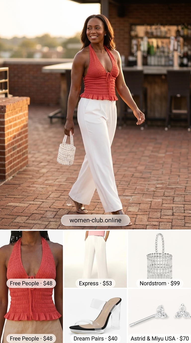 Vibrant coral smocked halter top outfit for summer date night 2026, with tailored pants and clear heels.