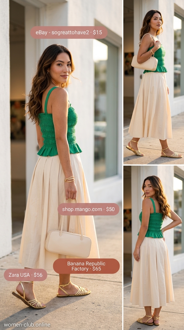 Modern emerald green smocked top outfit for summer 2026, with a cream pleated midi skirt and gold sandals.