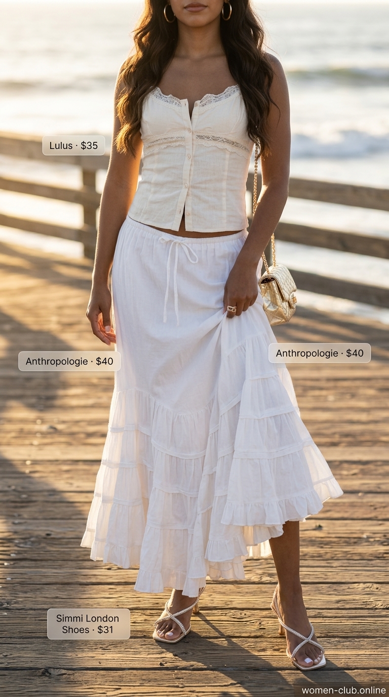 Tropical emerald green smocked halter top outfit for summer vacation 2026, with a white maxi skirt.