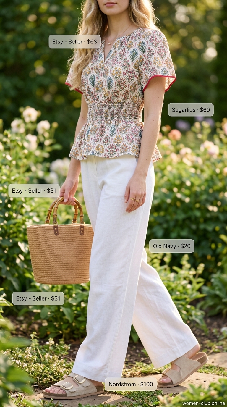 Floral smocked peplum top with white wide-leg linen pants for summer smocked tops outfit 2026.