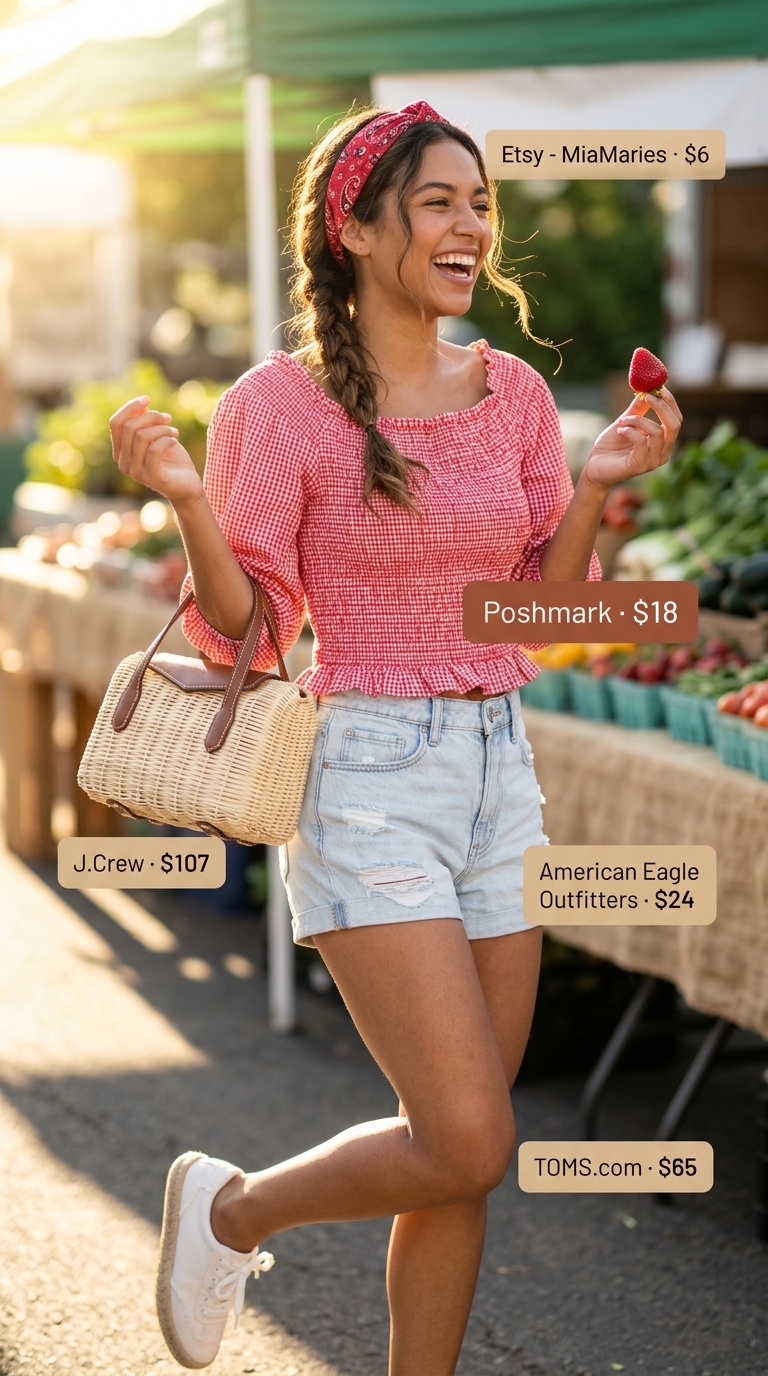 Retro red gingham smocked top outfit for summer picnic 2026, with denim shorts and espadrille sneakers.