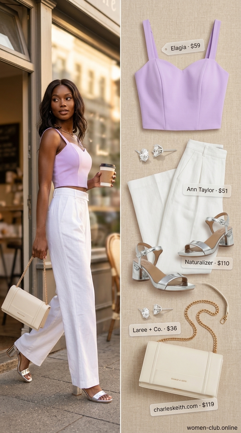 Lavender smocked bustier top with white tailored wide-leg pants for summer smocked tops outfit 2026.