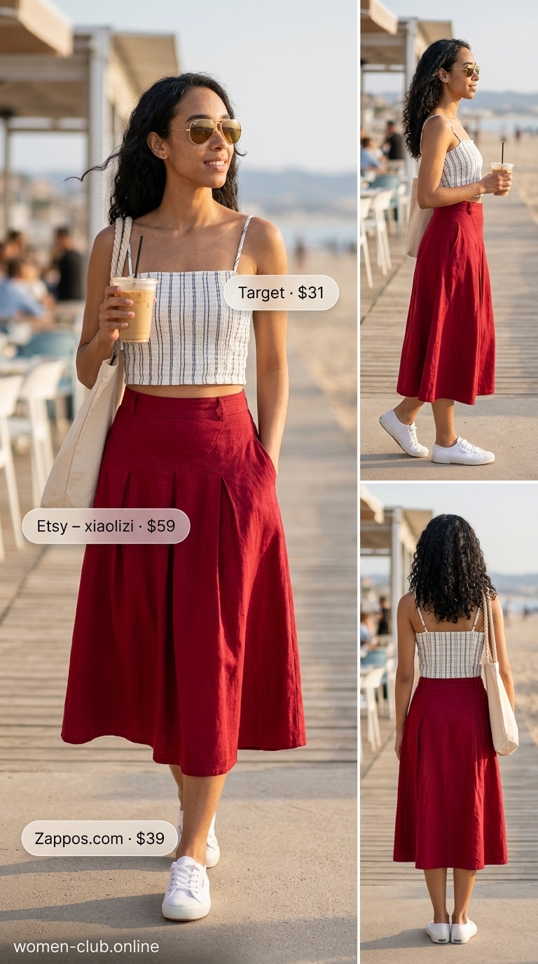 Nautical navy smocked camisole outfit for summer 2026, with a red midi skirt and white canvas sneakers.