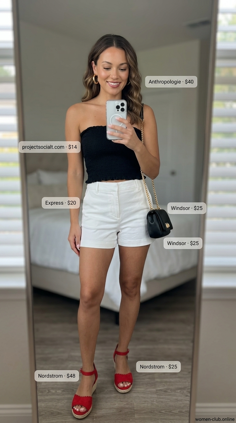 Chic black smocked top outfit for summer date night 2026 with espadrille wedges and tailored shorts.