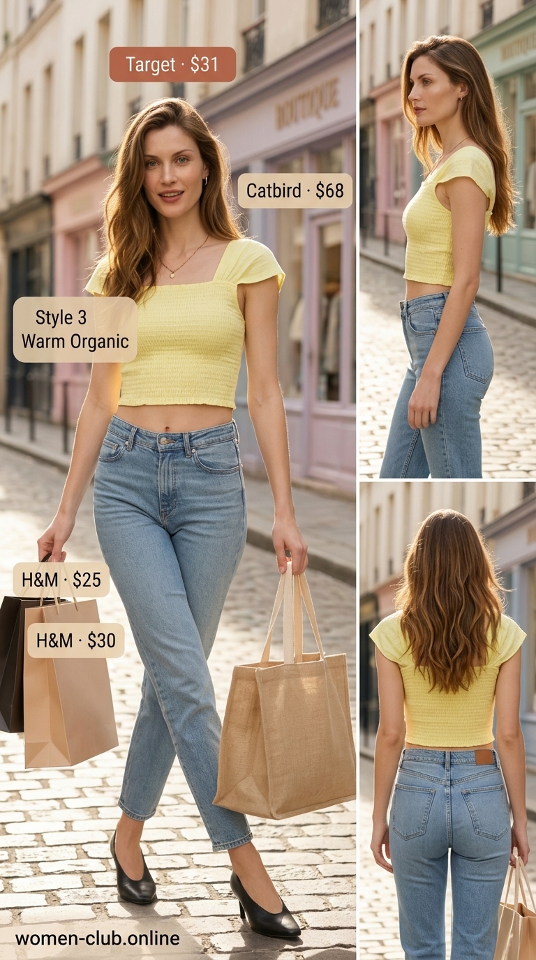 Sweet pastel yellow smocked top outfit for summer 2026, paired with mom jeans and loafers for market strolls.