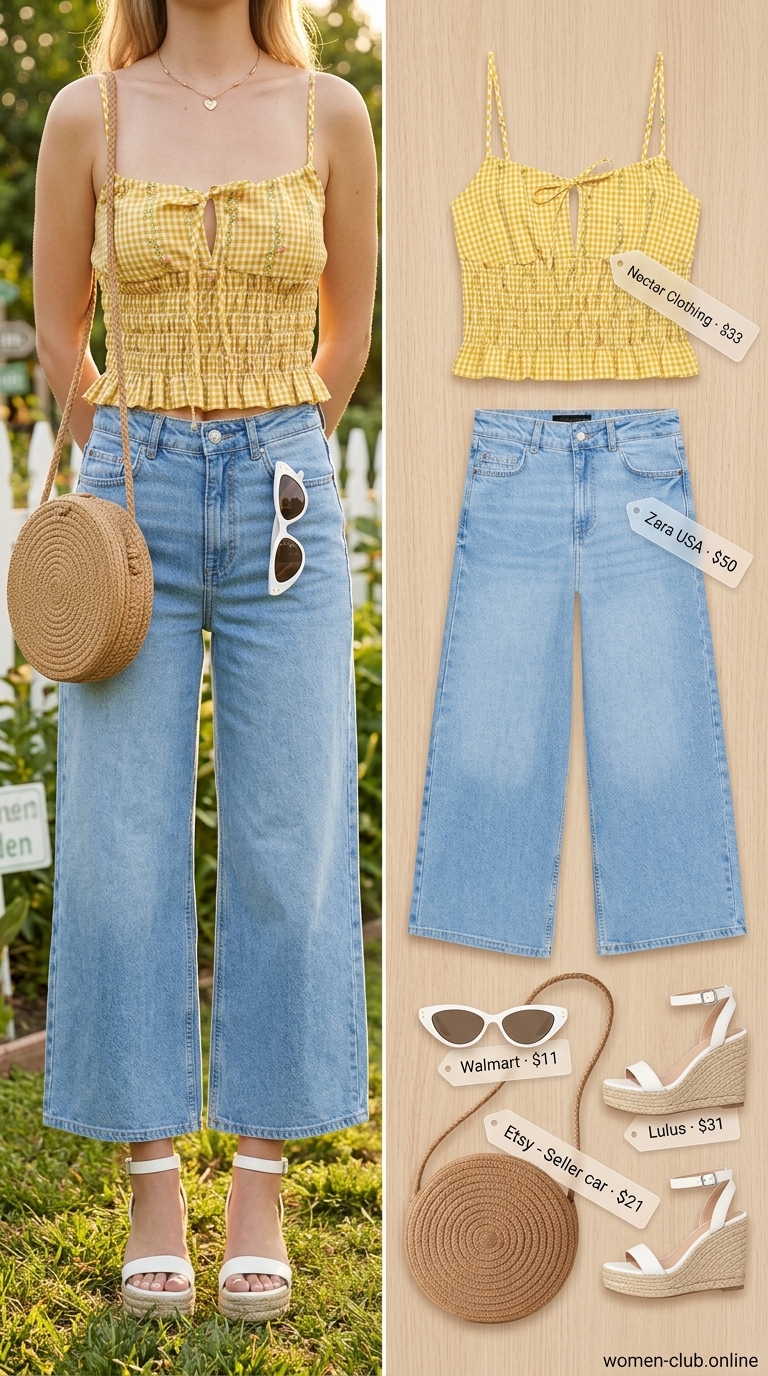 Yellow gingham smocked camisole with light wash denim culottes for summer smocked tops outfit 2026.