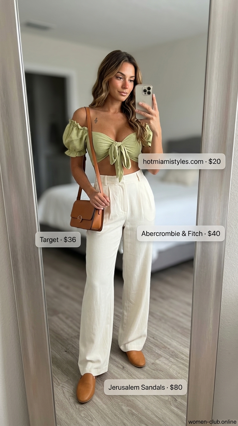 Olive green smocked crop top with ecru wide-leg trousers for summer smocked tops outfit 2026.