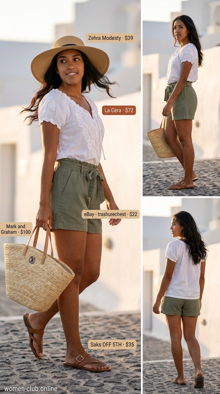 Safari chic white smocked top outfit for summer resort 2026, with linen shorts and straw accessories.