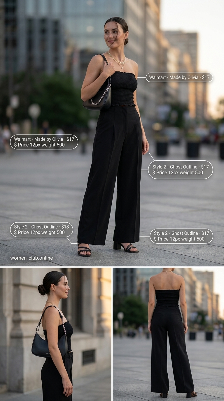 Sleek all-black smocked top outfit for summer evenings 2026, with wide-leg trousers and block heels.