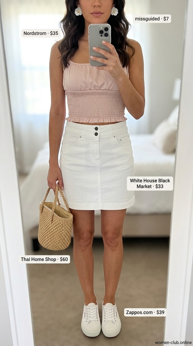 Pastel pink smocked camisole with white denim mini skirt for summer smocked tops outfit 2026.