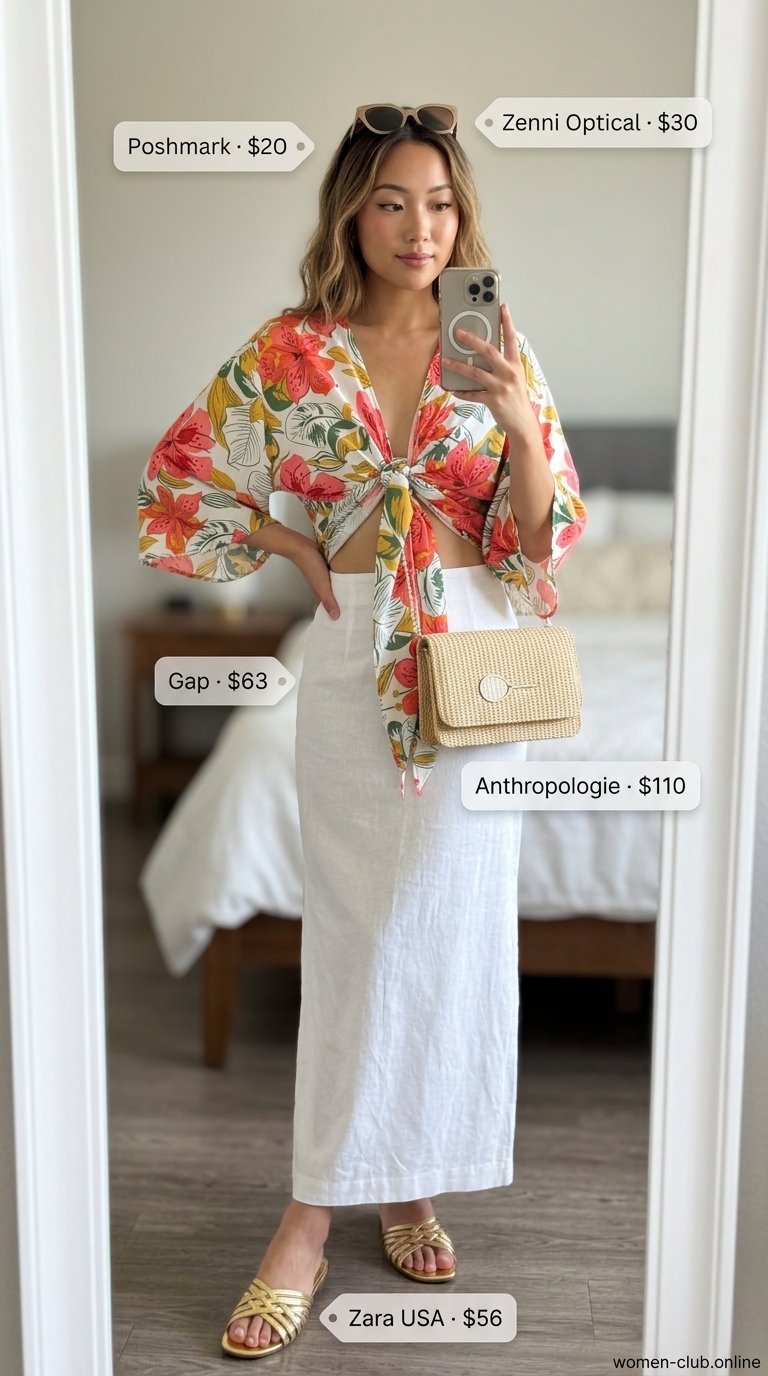 Tropical floral smocked crop top with white linen maxi skirt, gold sandals for summer smocked tops outfit 2026.