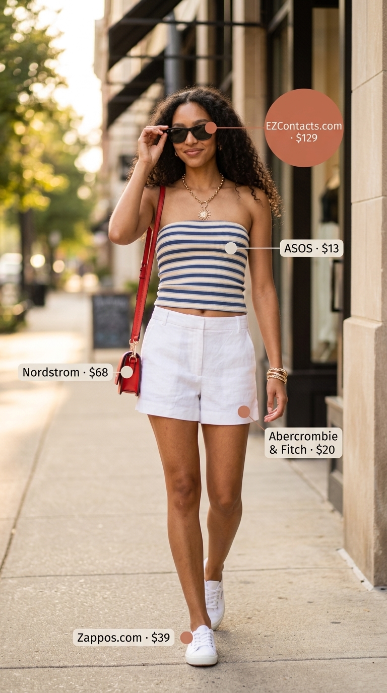 City sightseeing outfit 2026: Striped smocked bandeau top, utility shorts, crossbody bag.