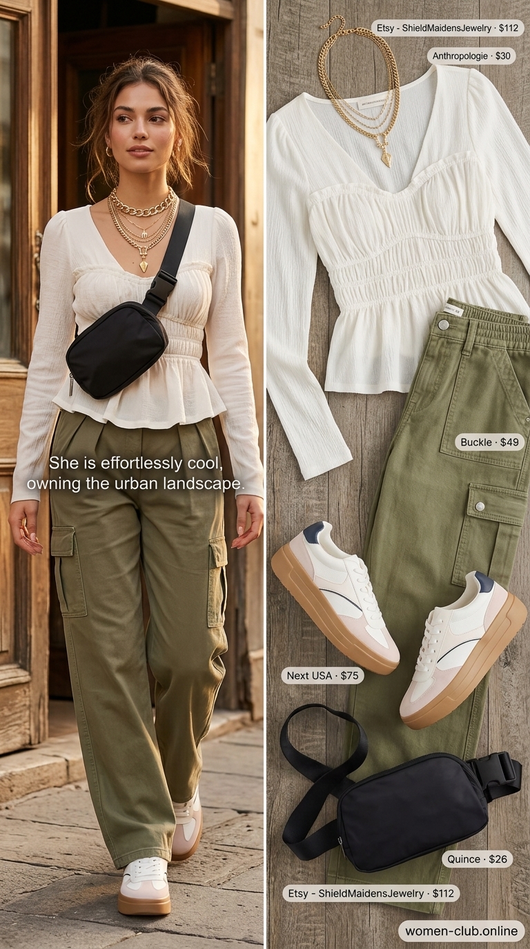 Cream smocked long-sleeve crop top with khaki cargo pants for summer smocked tops outfit 2026.