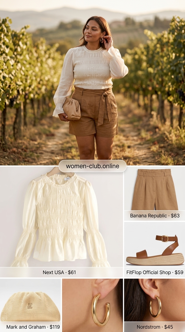 Effortless white smocked top outfit for summer evenings 2026, with paperbag shorts and espadrille sandals.