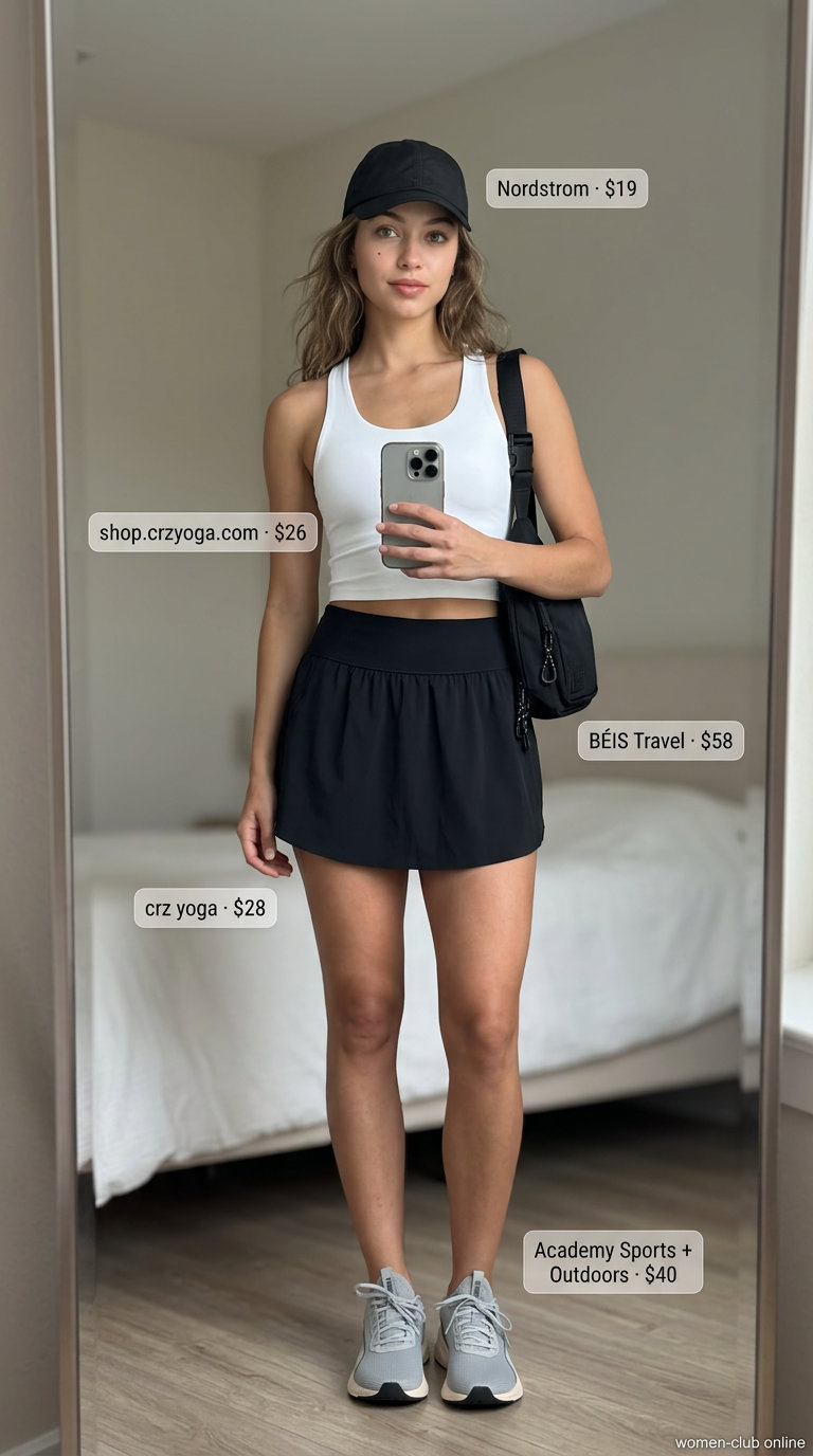 Sporty summer ultra-mini outfit with black athletic skirt, white crop top, and running sneakers.