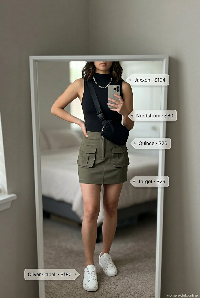 Urban summer ultra-mini outfit with khaki cargo skirt, black bodysuit, and white sneakers.