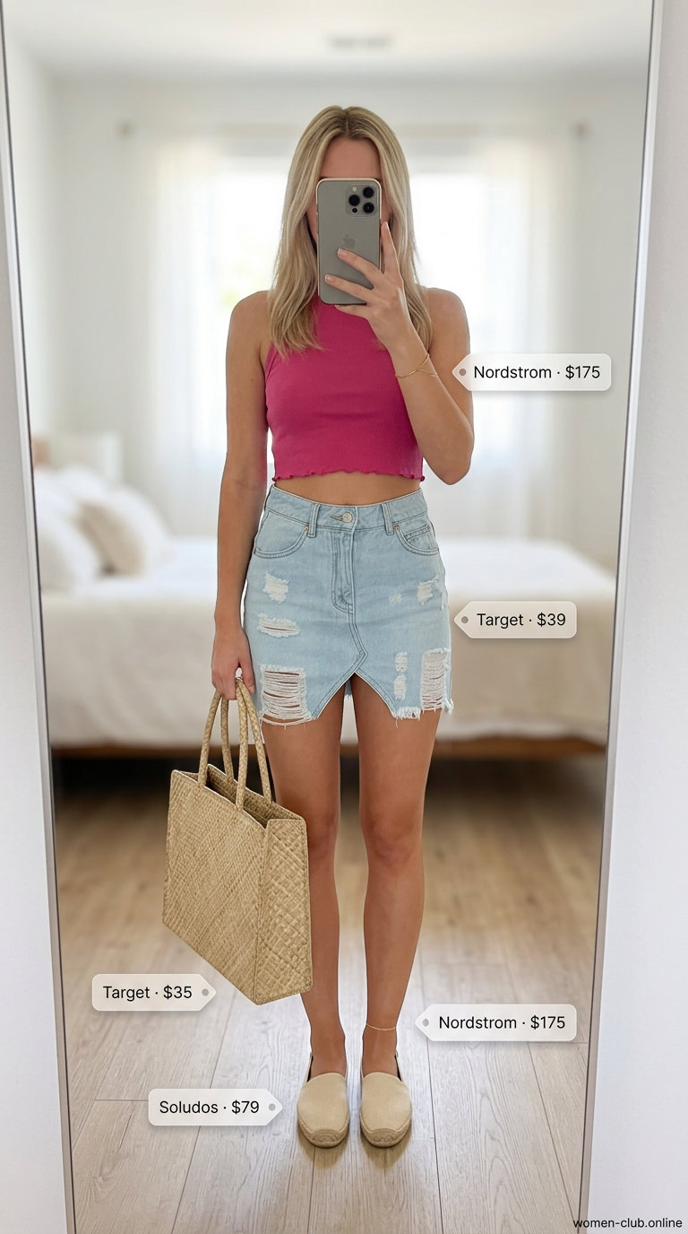 Summer ultra-mini outfit: Light wash denim skirt, white tank, straw tote. Perfect for beach days 2026.