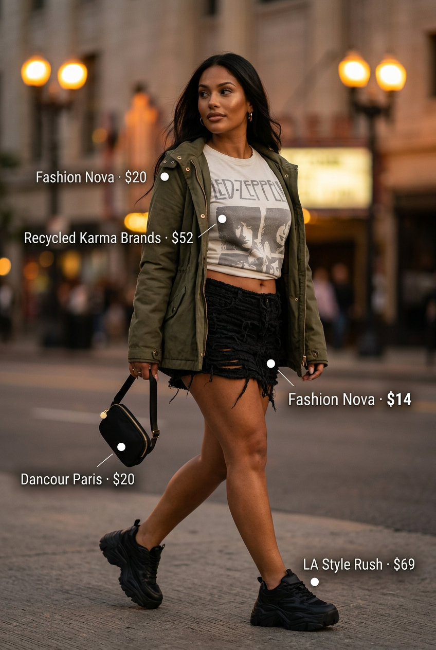 Urban streetwear summer ultra-mini outfit: Black denim skirt, graphic tee, utility jacket, platform sneakers.