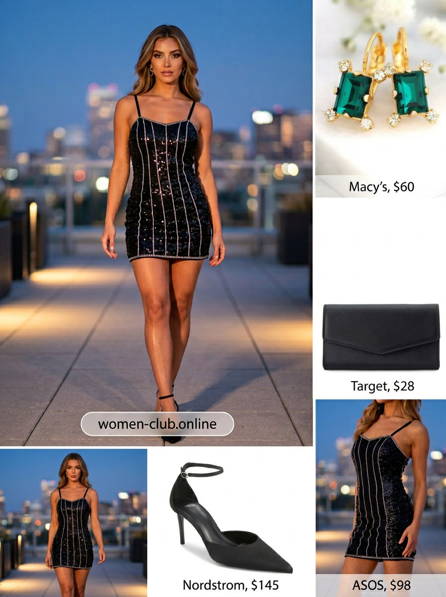 Glamorous summer ultra-mini outfit with sequin dress, black heels, and emerald statement earrings.
