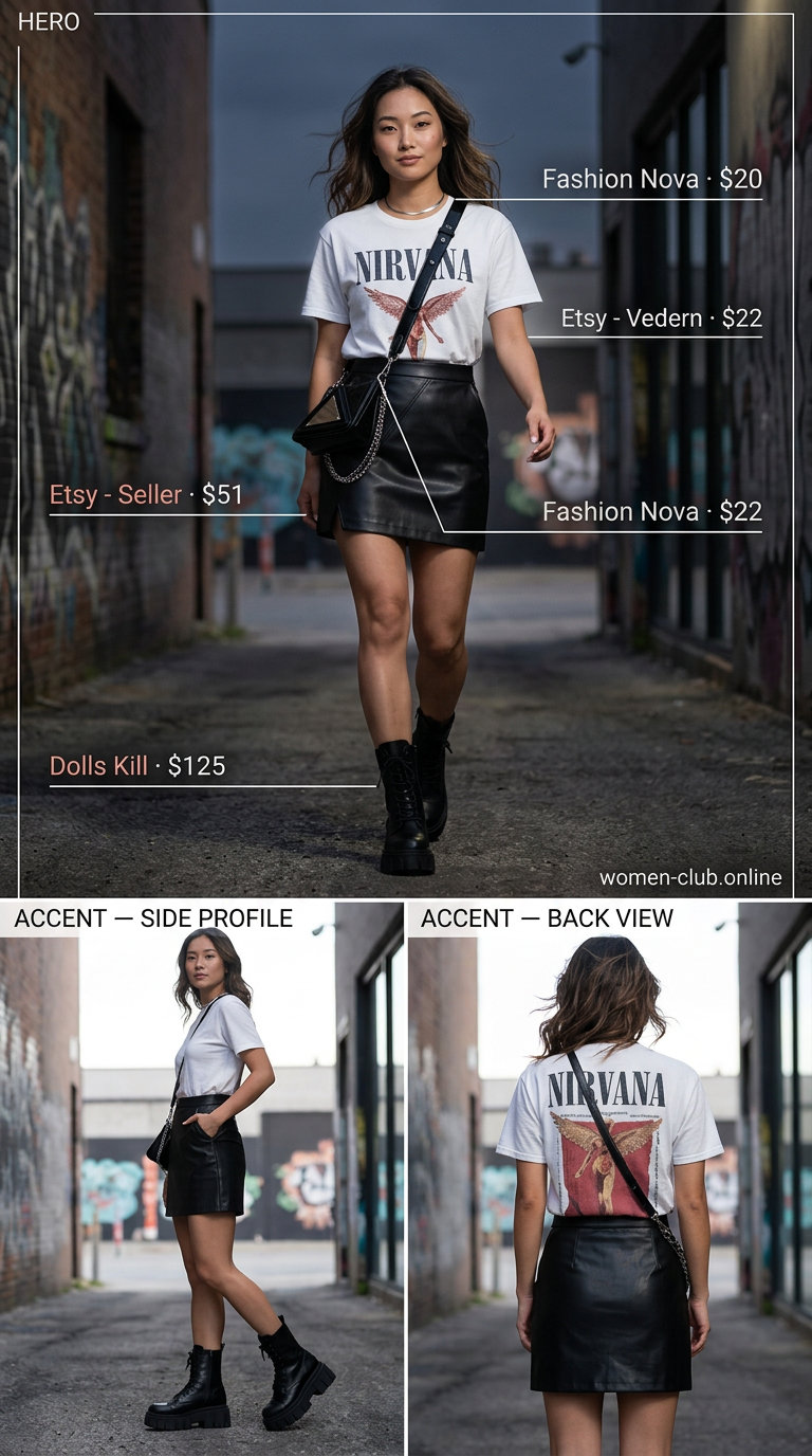 Urban edge ultra-mini outfit: Faux leather skirt, band tee, combat boots. Edgy streetwear 2026.