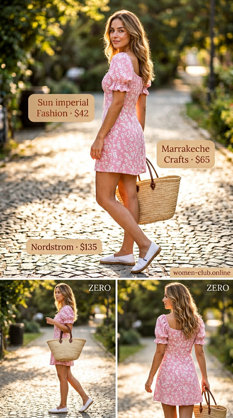 Picnic summer dress: Blush pink floral ultra-mini sundress, espadrille flats, straw basket bag. Sweet and romantic.