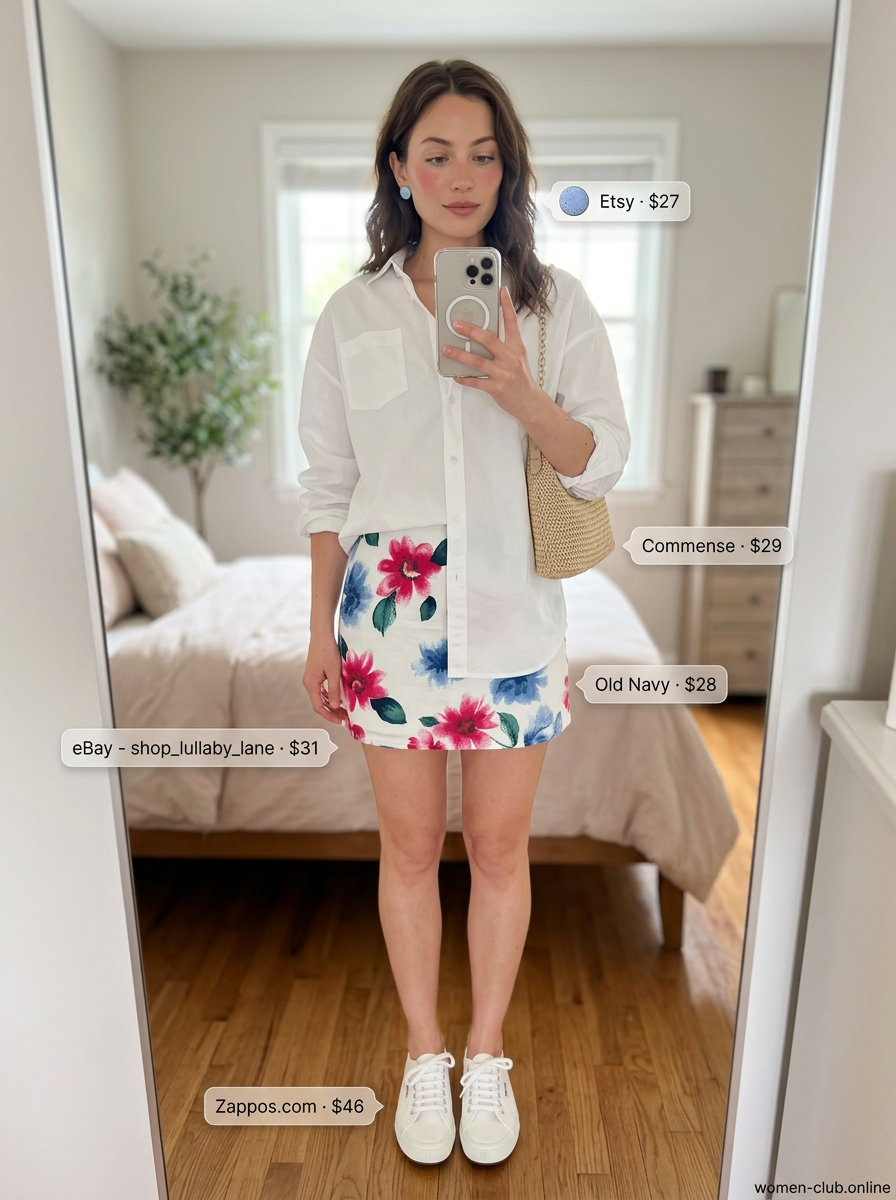 Garden party summer ultra-mini outfit: Floral skirt, white shirt, canvas sneakers, straw crossbody. Feminine style.