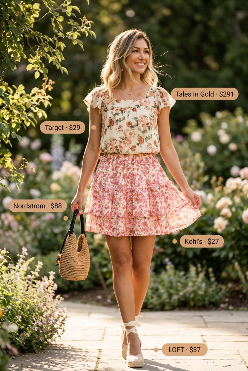 Garden party summer ultra-mini outfit: Floral skirt, sheer blouse, wedge espadrilles, straw crossbody. Romantic style.