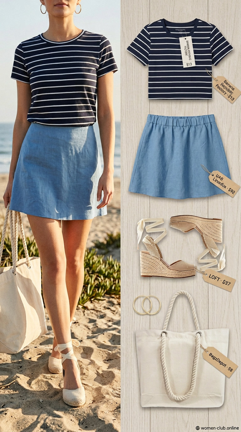 Coastal summer outfit: Sky blue linen ultra-mini skirt, navy stripe tee, espadrilles, canvas tote. Nautical vibes.