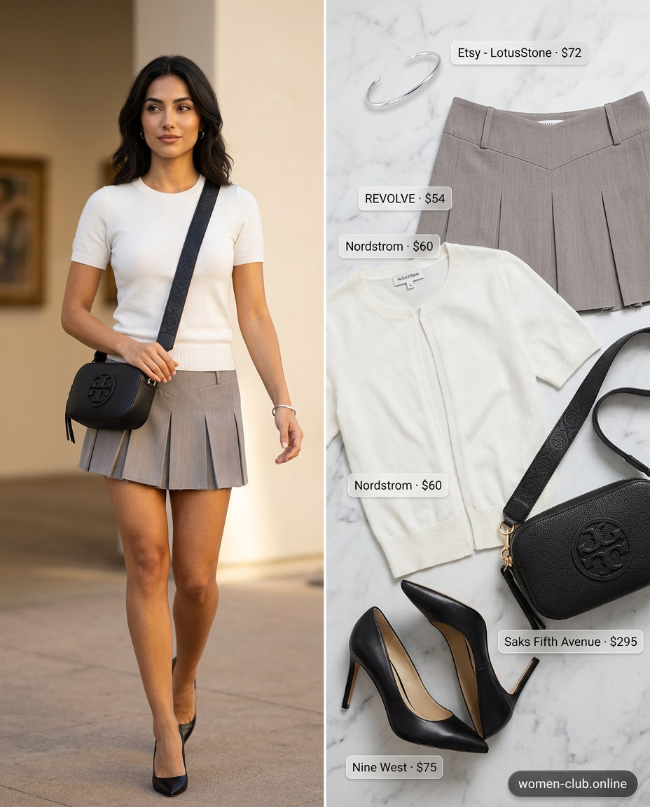 Minimalist summer ultra-mini outfit with stone grey A-line skirt, white knit top, and black stilettos.