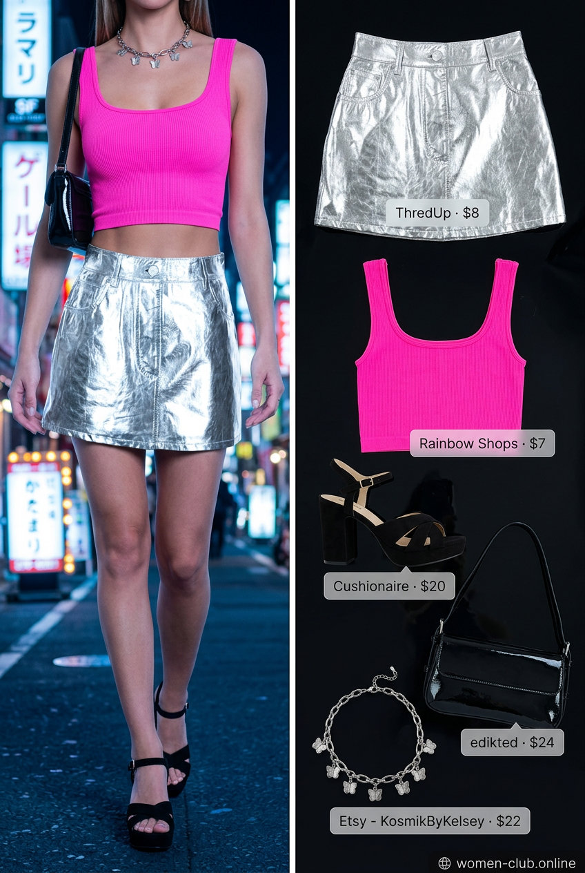 Y2K summer ultra-mini outfit: Silver metallic skirt, hot pink tank, platform sandals, baguette bag. Fun for parties.
