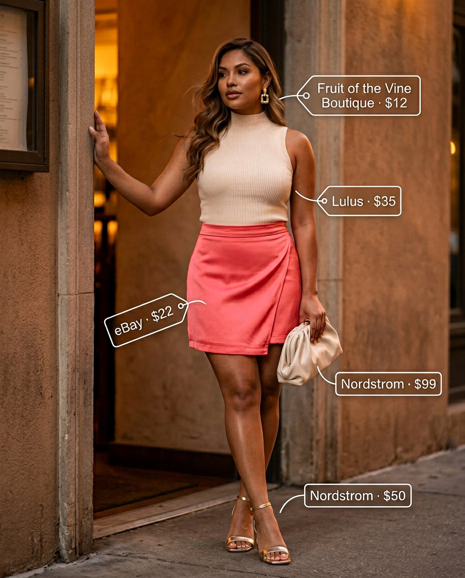 Vibrant summer ultra-mini outfit with coral satin skirt, cream mock neck top, and gold heels.