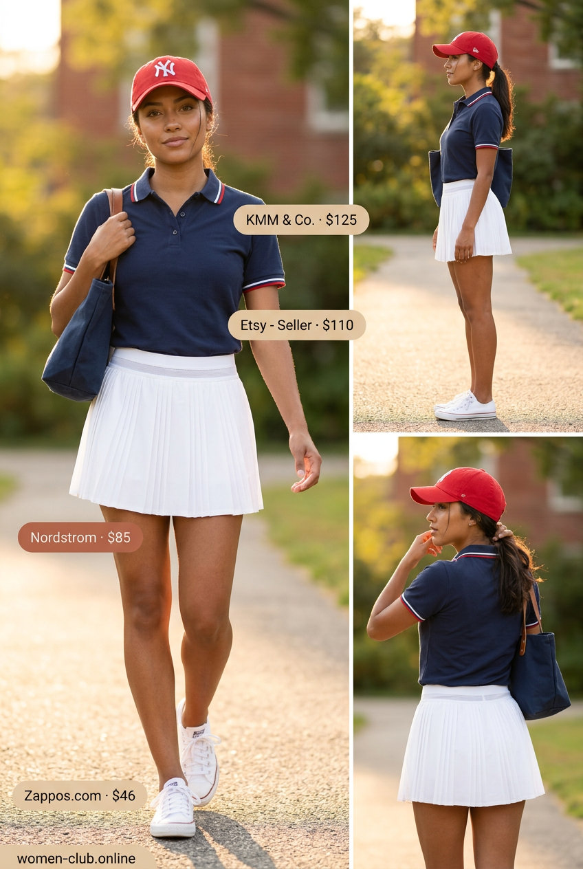 Retro tennis ultra-mini outfit: White pleated skort, navy polo, red cap. Sporty summer 2026.
