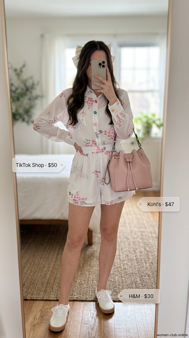 Pink cherry blossom shorts set, white sneakers, and pink bow clip. Trendy coquette summer outfits for women 2026.