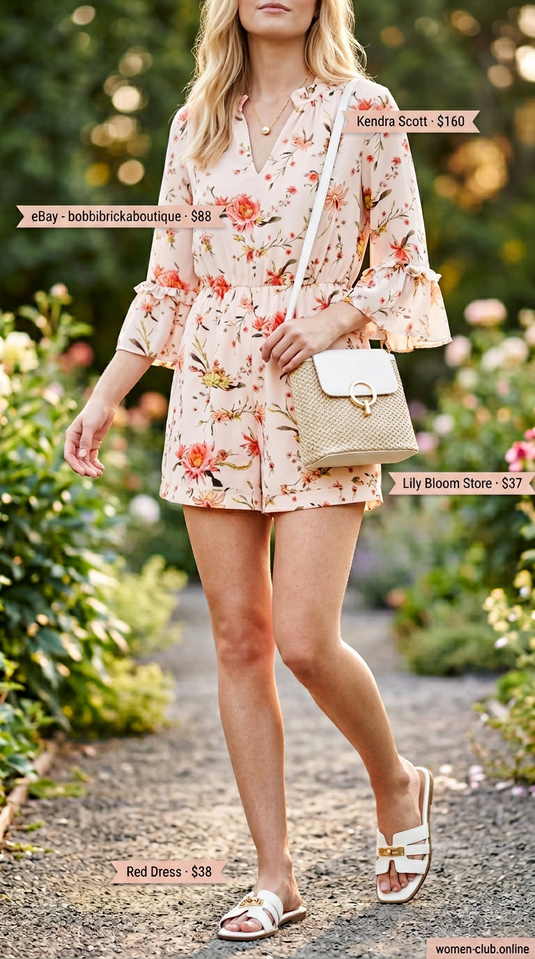 Blush pink floral romper with lace trim, white slides, and straw bag. Trendy coquette summer outfits for women 2026.