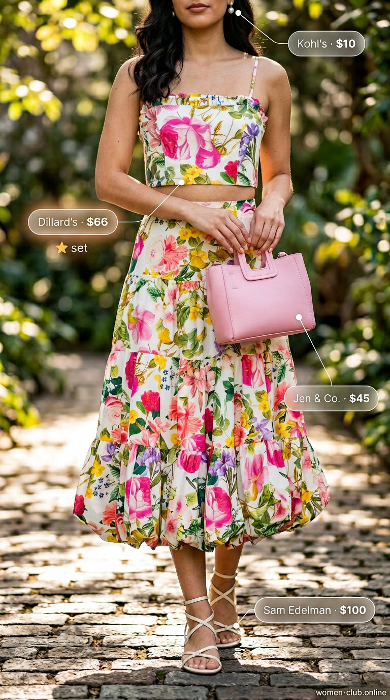 Floral print crop top and midi skirt set, pink bag, white sandals. Trendy coquette summer outfits for women 2026.