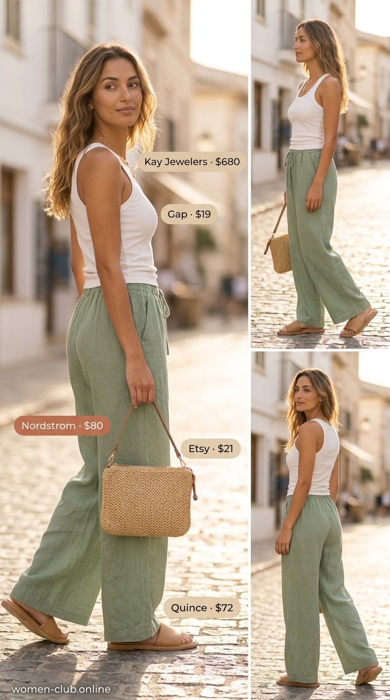 Sage green linen pants, ivory tank top, straw bag. Trendy coquette summer outfits for women 2026.