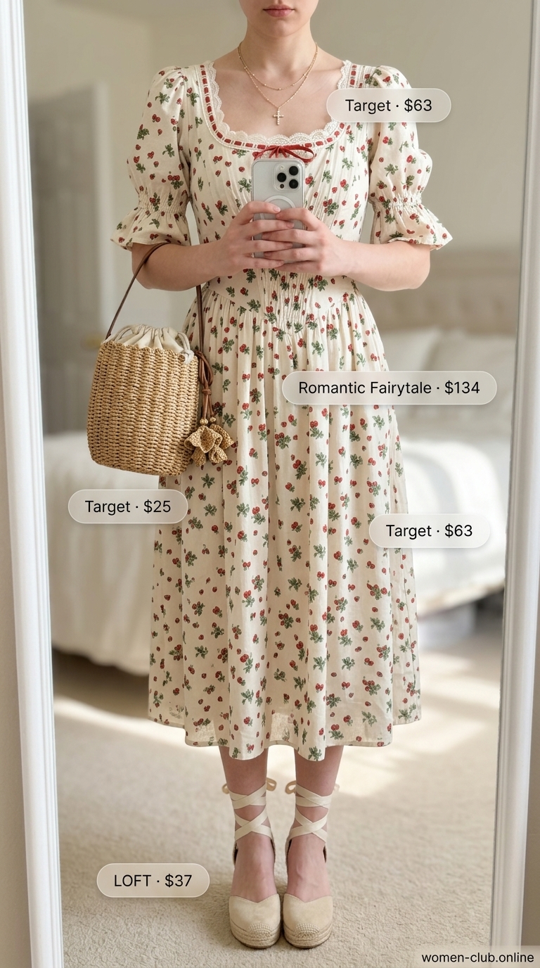 Red strawberry print midi wrap dress, espadrille wedges, and straw bucket bag. Trendy coquette summer outfits for women 2026.