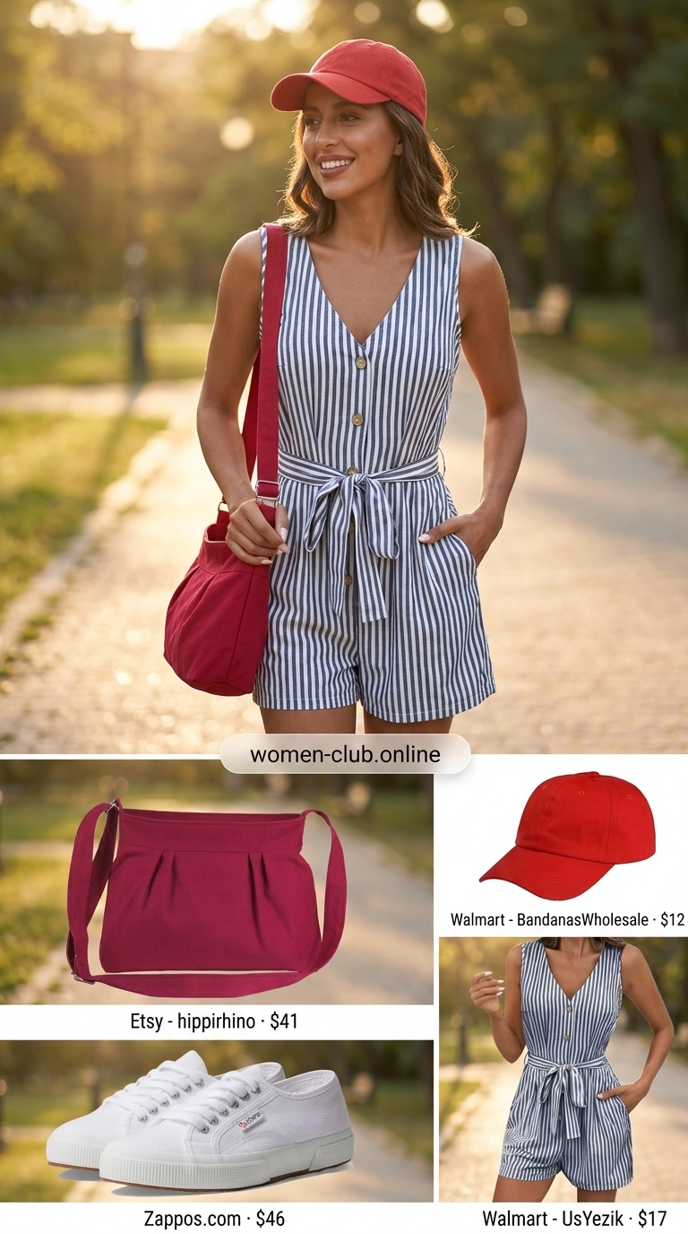 Navy & white striped romper, red crossbody bag, white sneakers, red cap. Trendy coquette summer outfits for women 2026.