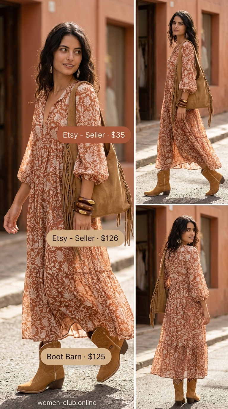 Boho coquette summer outfits for women 2026: Terracotta maxi dress, suede boots, fringe bag, and wood bangles for a festival vibe.