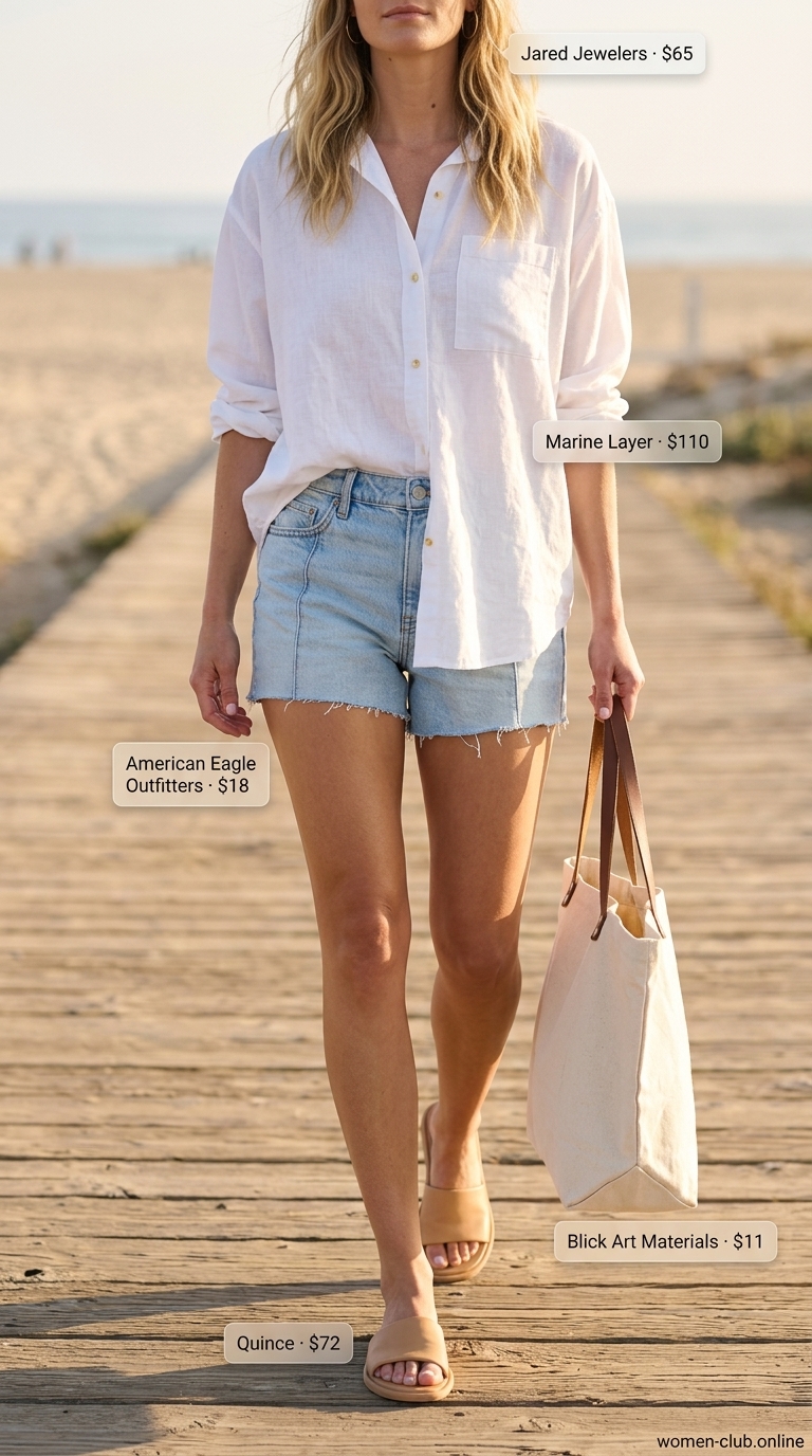 Trendy coquette summer outfits for women 2026: linen shirt, denim shorts, leather slides for a cool coastal vibe.