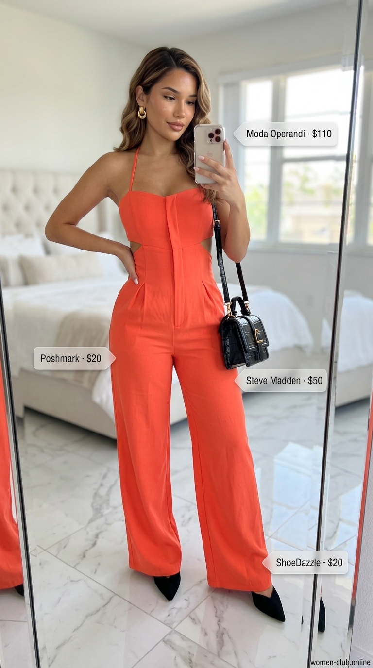 Chic coquette summer outfits for women 2026: Coral wide-leg jumpsuit, gold earrings, black mules, and shoulder bag for evening events.