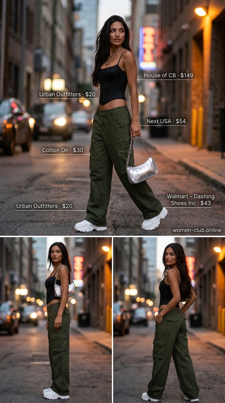 Trendy coquette summer outfits for women 2026: black corset top, olive cargo pants, chunky sneakers for a casual night out.