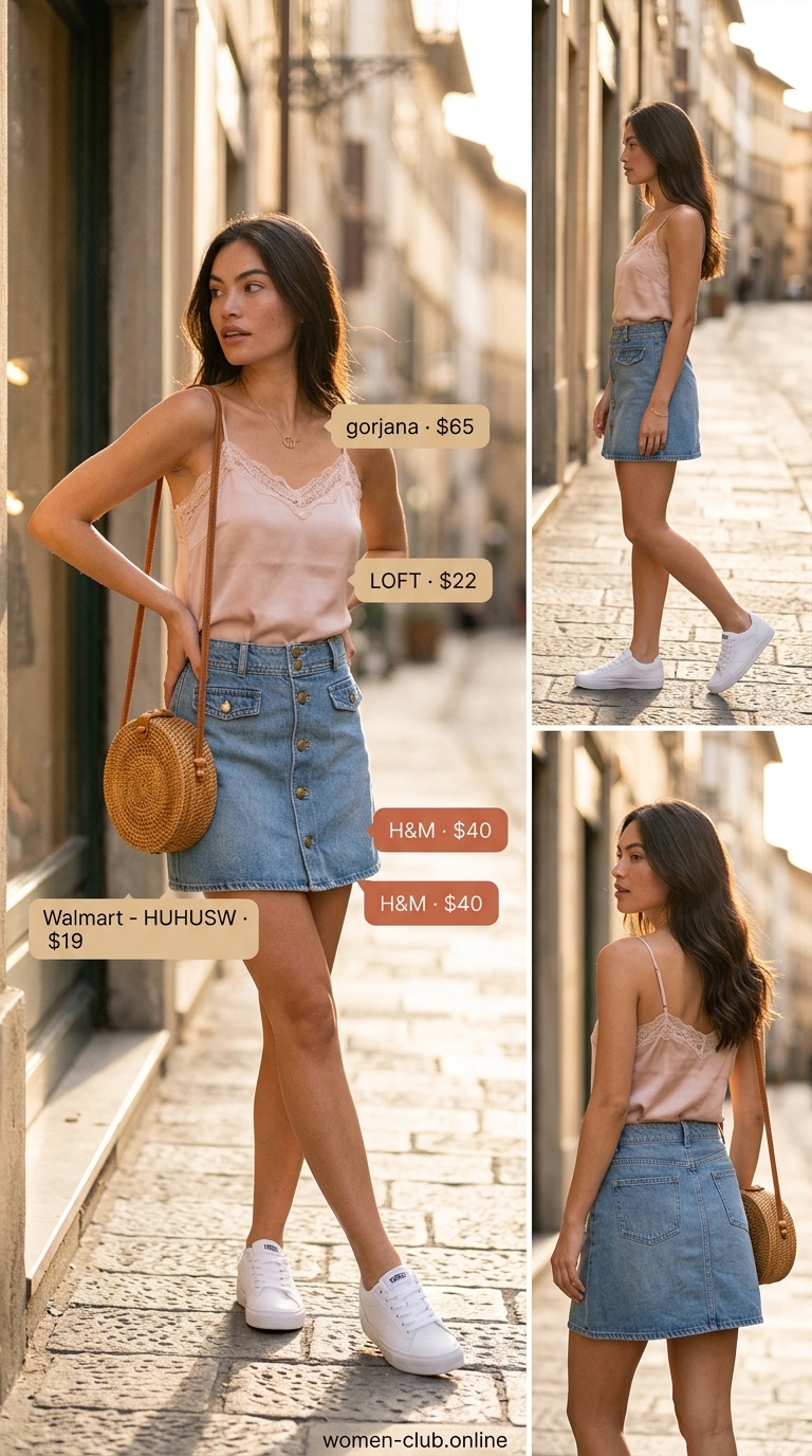 Casual coquette summer outfits for women 2026: Denim skirt, white camisole, sneakers, and straw bag for a sweet daytime look.