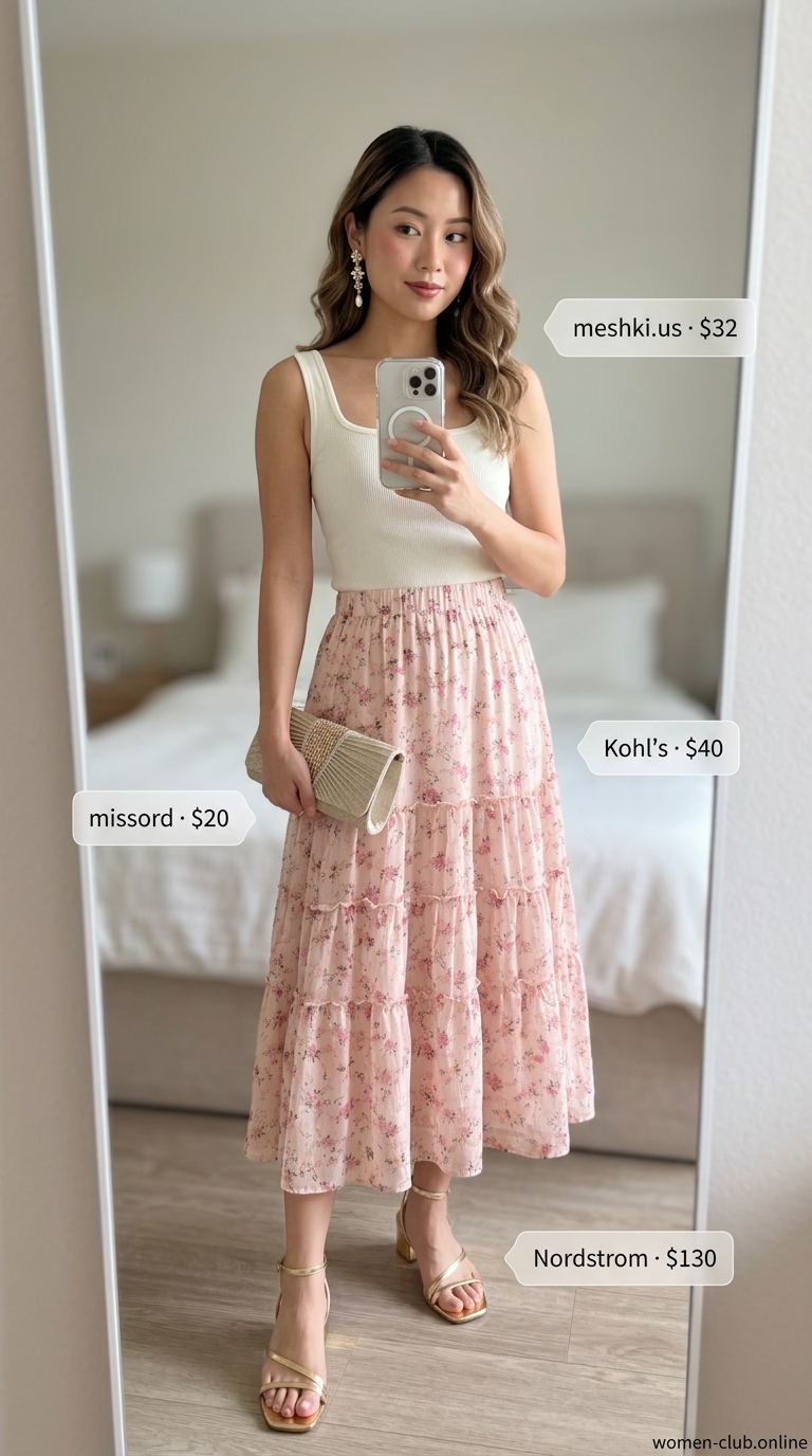 Trendy coquette summer outfits for women 2026: floral maxi skirt, knit top, heeled sandals for a romantic evening.