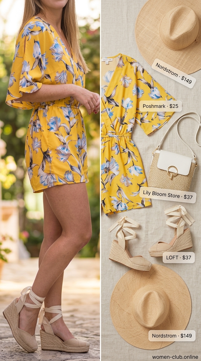 Trendy coquette summer outfits for women 2026: yellow floral romper, straw hat, espadrilles for a playful beach vacation.